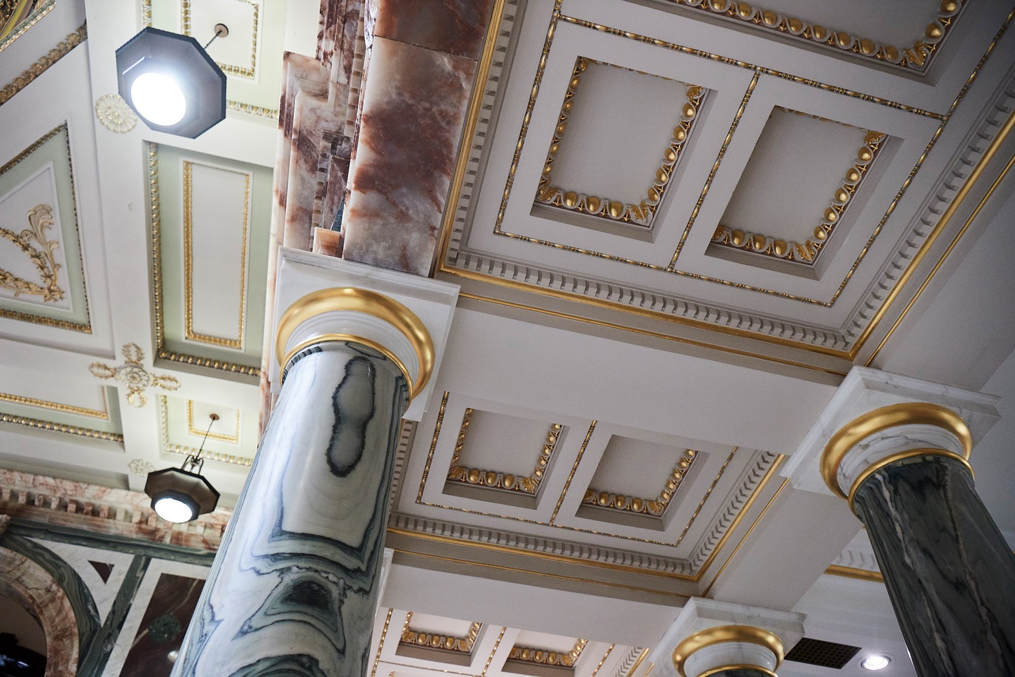 Pillar and intricate ceiling detail of the Marble Hall, Norwich
