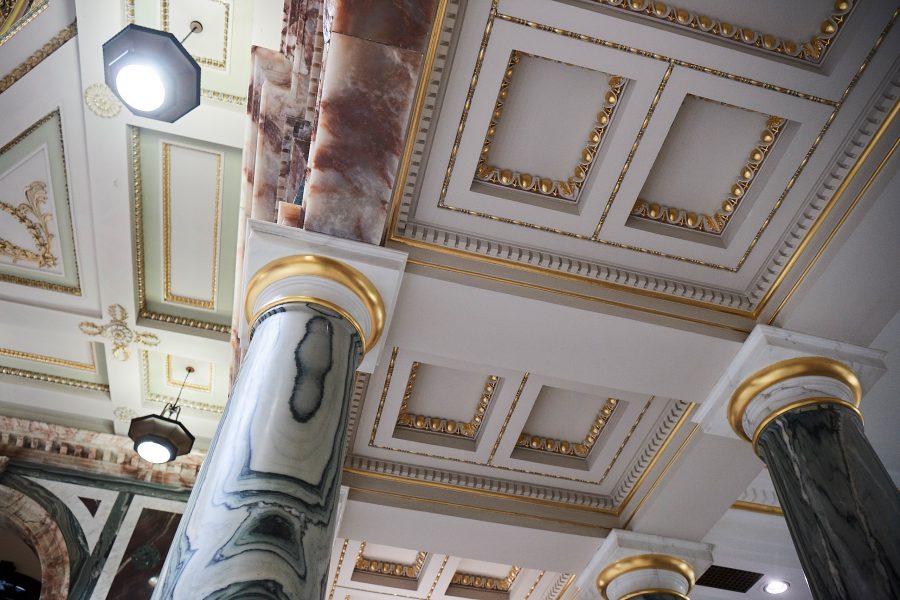 Pillar and intricate ceiling detail of the Marble Hall, Norwich